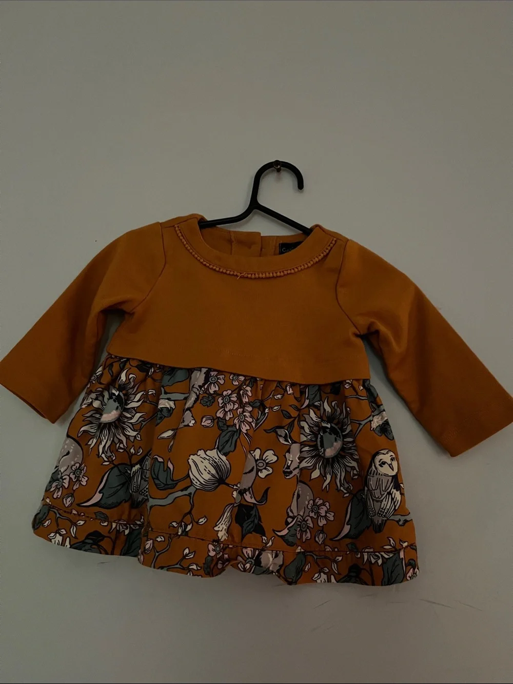Girls' Mustard Floral & Owl Long-Sleeve Casual Dress